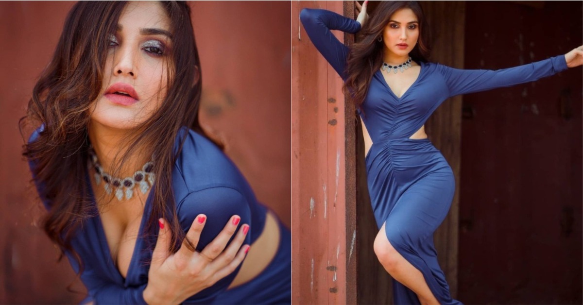 Donal Bisht Oozes Hotness In These Captivating Pictures In Blue Satin Dress