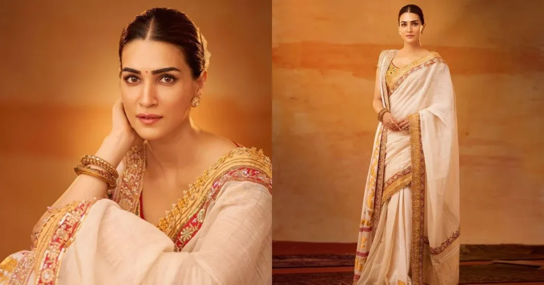 Kriti Sanon Gives The Perfect Sita Vibes In A White-Golden Saree From Adipurush Trailer Launch Event.