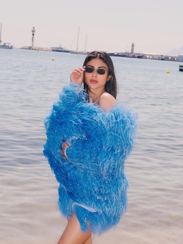 Mouni roy in blue feather dress at Cannes